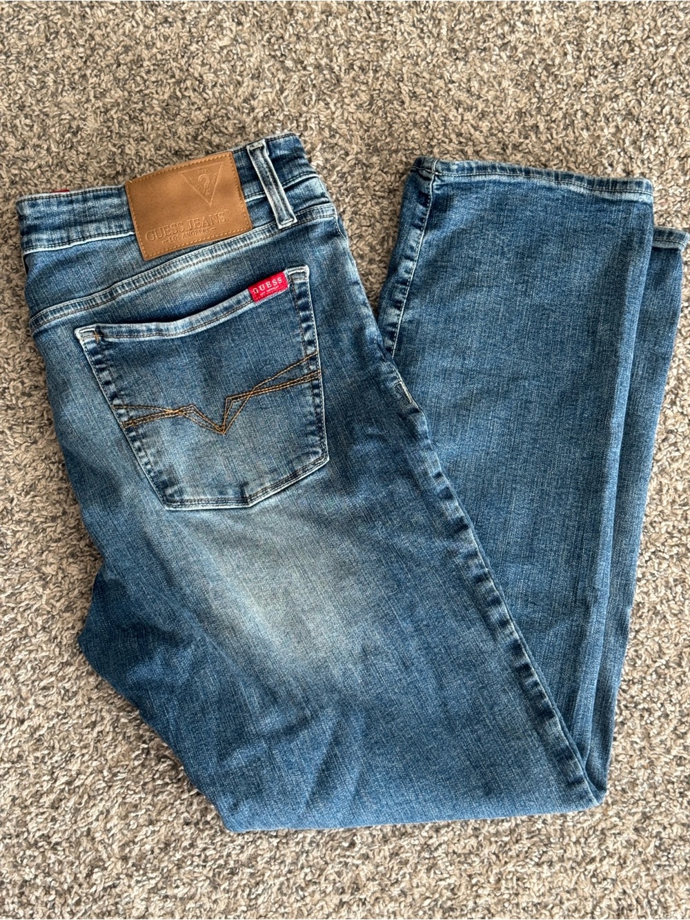 GUESS Men's Medium Blue Straight Jeans with Leather Patch